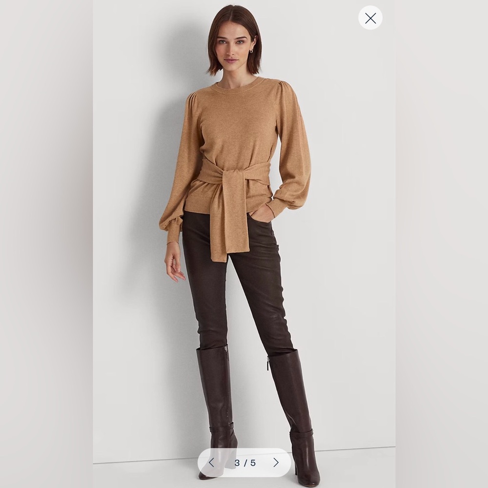 Lauren Ralph Lauren Belted Cotton Blend Tan Puff Sleeve Classy Sweater Size L